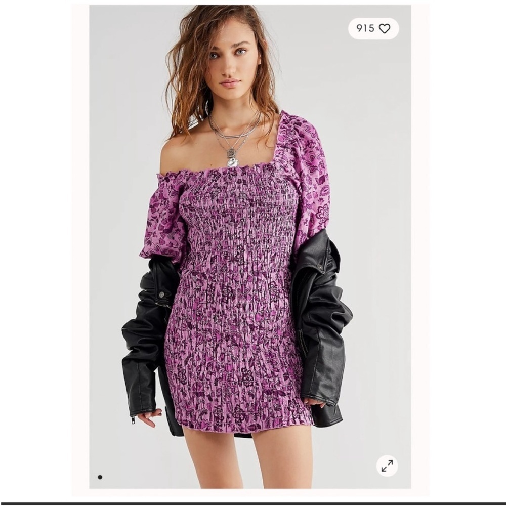 Free People Smock It to Me Long Sleeve Minidress in‎ purple floral XS
